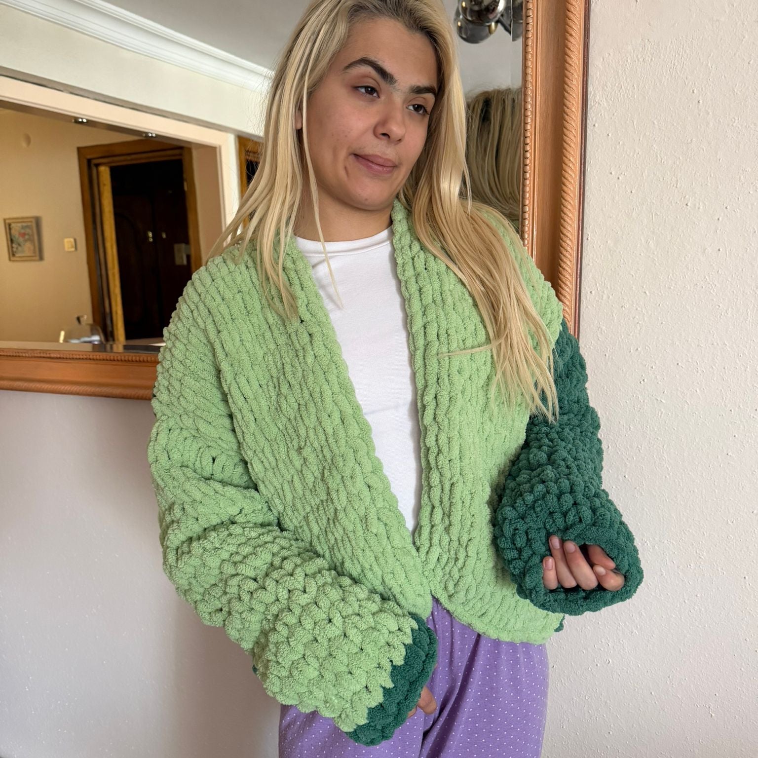 Oversized Chunky Chenille Knit Cardigan | Mint & Dark Green