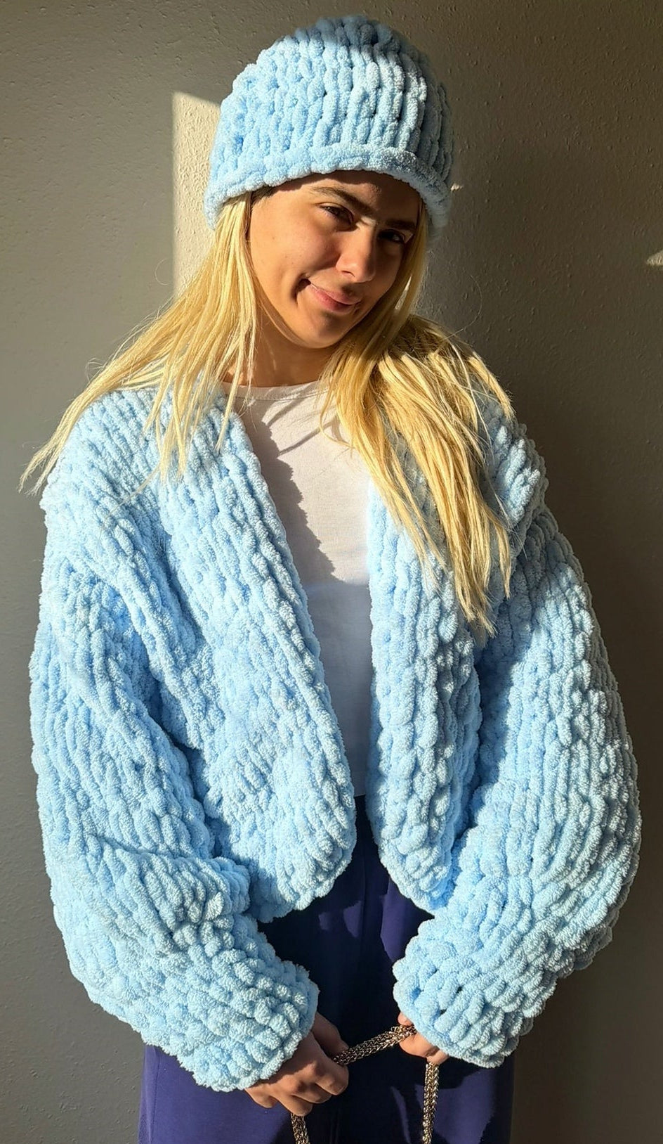 Oversized Chunky Chenille Knit Cardigan and Beanie Set