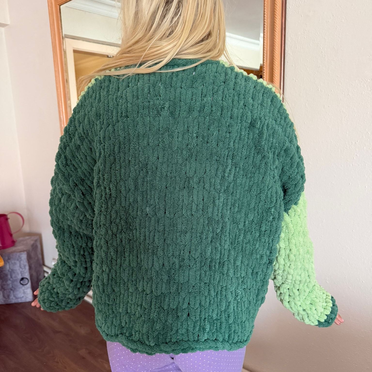 Oversized Chunky Chenille Knit Cardigan | Mint & Dark Green