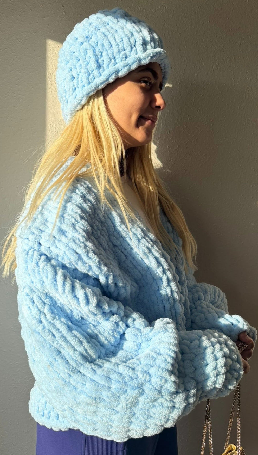 Oversized Chunky Chenille Knit Cardigan and Beanie Set