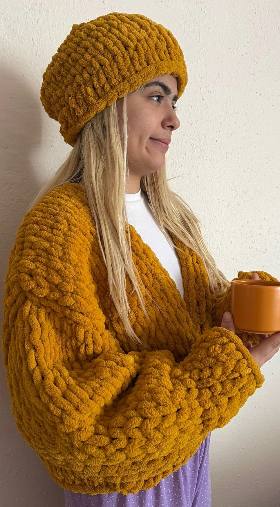 Mustard Chunky Handmade Cardigan & Beanie Set